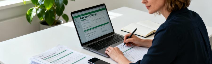 Femme effectuant démarches administratives changement adresse sur ordinateur, documents organisés bureau moderne