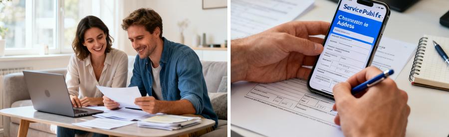 Demarches Administratives Changement Adresse Couple consultant documents administratifs et remplissant formulaire changement adresse en ligne