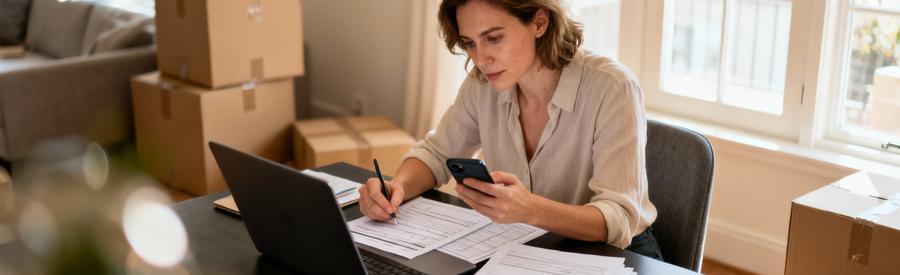 Femme gérant démarches administratives sur ordinateur, cartons en arrière-plan