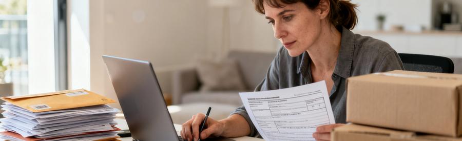 Femme gérant démarches administratives déménagement sur ordinateur, documents et cartons en arrière-plan