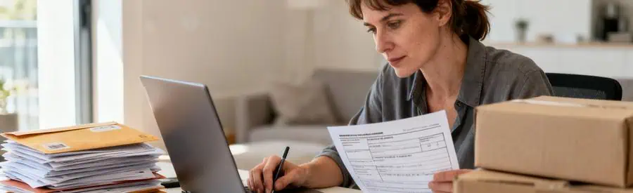 Femme gérant démarches administratives déménagement sur ordinateur, documents et cartons en arrière-plan