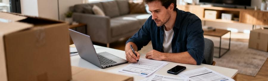 Homme gérant démarches administratives changement adresse sur ordinateur, documents et cartons en arrière-plan