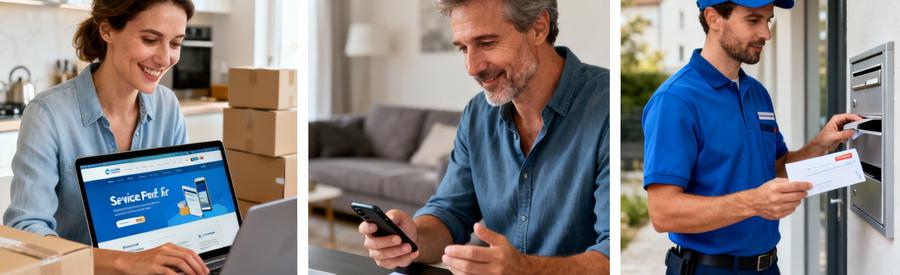 Triptyque démarches déménagement : consultation en ligne, contact téléphonique, réexpédition courrier La Poste