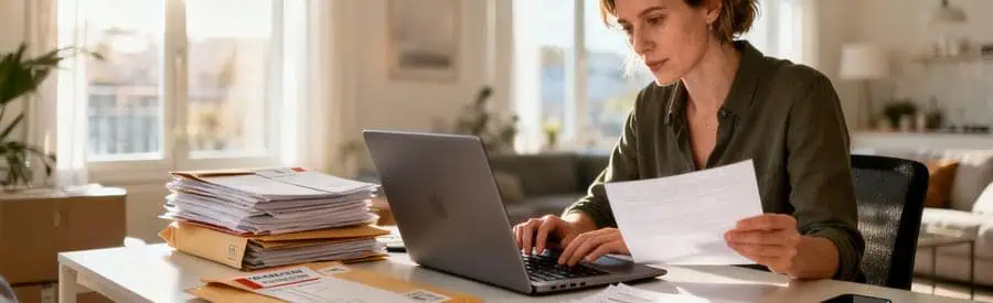 Femme gérant paperasse administrative déménagement sur ordinateur, documents officiels sur bureau