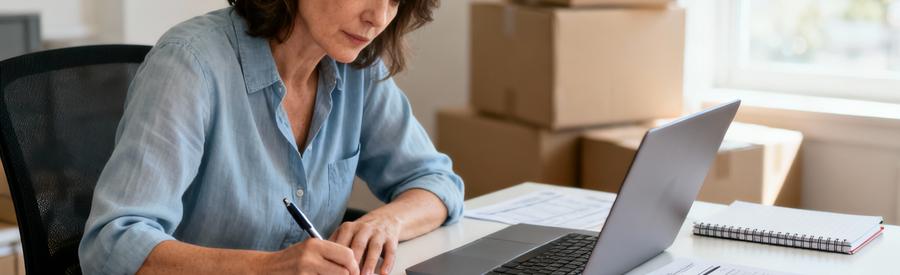 Femme gérant démarches administratives déménagement, organisation rigoureuse documents officiels