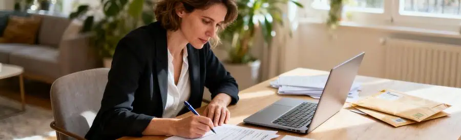 Femme organisant documents administratifs déménagement sur bureau avec ordinateur et formulaires