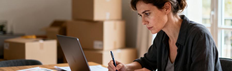 Demarches Administratives Demenagement Bureau Femme gérant démarches administratives déménagement sur ordinateur, cartons arrière-plan