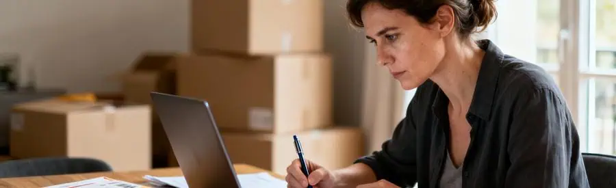 Femme gérant démarches administratives déménagement sur ordinateur, cartons arrière-plan