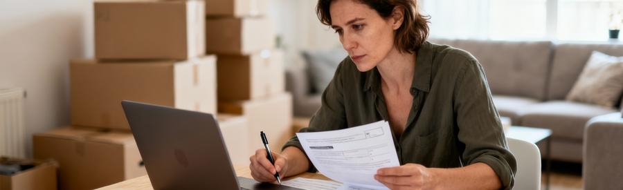 Demarches Administratives Demenagement Douai Femme gérant documents administratifs déménagement, ordinateur et papiers sur table, cartons en arrière-plan