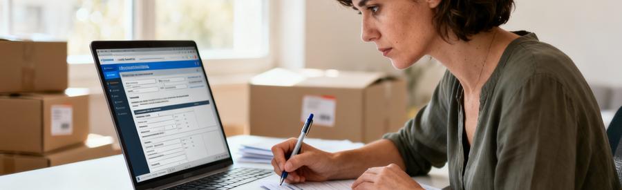 Femme gérant démarches administratives déménagement sur ordinateur, documents organisés bureau moderne