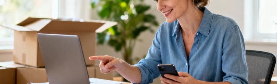 Femme effectuant démarches administratives en ligne après déménagement, documents et ordinateur