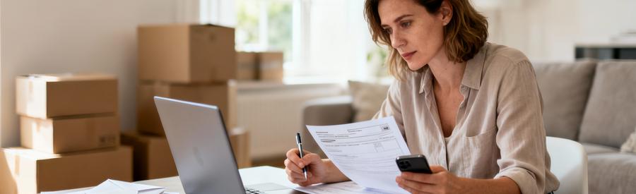 Femme consultant documents administratifs pour préparer son déménagement à domicile