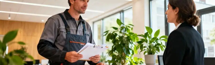 Déménageur déposant demande autorisation stationnement au guichet mairie, échange professionnel naturel