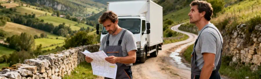 Camion déménagement sur chemin rural étroit vallée Lot, déménageurs évaluant accès contraignant