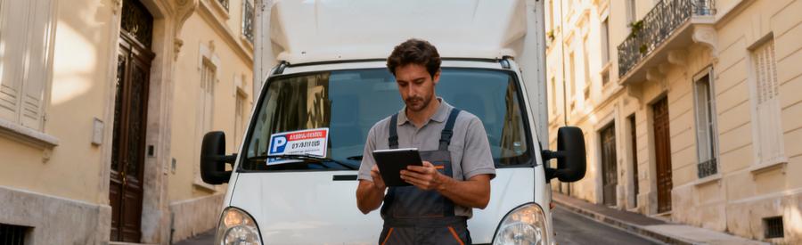 Déménageur consultant plan ville tablette, camion stationné rue pentue centre-ville thermale