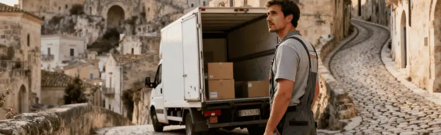 Déménageur évaluant accès ruelle pentue village historique, anticipation contraintes logistiques