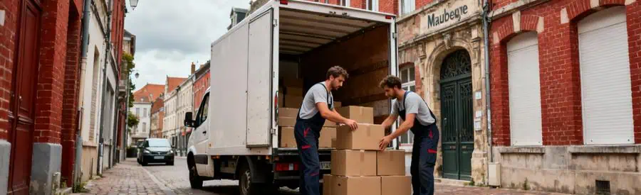 Camion déménagement stationné rue pavée étroite centre-ville Maubeuge, déménageurs préparant chargement