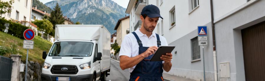 Déménageur vérifiant autorisation stationnement camion rue pentue Chambéry, contexte alpin urbain