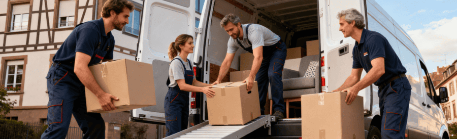 Équipe déménageurs chargeant cartons et mobilier dans camion devant immeuble moderne Strasbourg