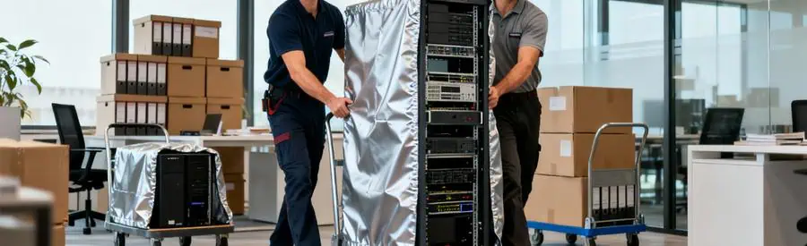 Déménageurs transportant serveur informatique protégé lors transfert bureaux entreprise moderne