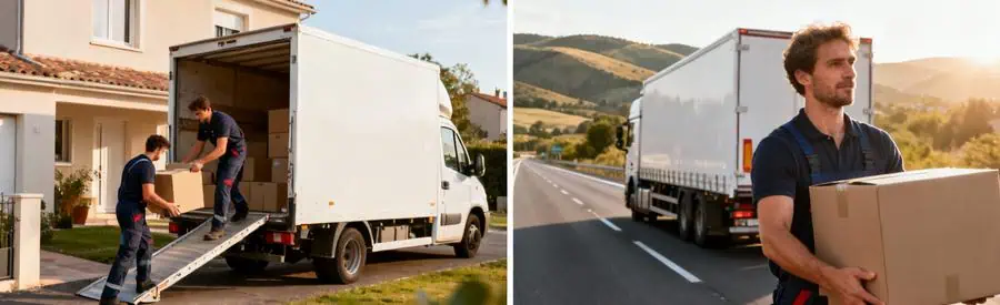 Comparaison déménagement local Gers et longue distance : camion résidentiel et semi-remorque autoroute