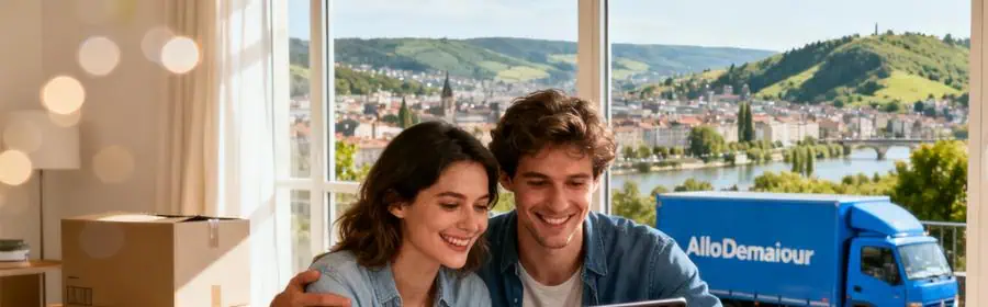 Couple consultant service en ligne de déménagement dans la Loire, cartons et vue sur Saint-Étienne en arrière-plan