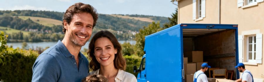 Une solution de déménagement pour chaque projet dans la Loire Famille devant nouvelle maison à Saint-Étienne avec déménageurs déchargeant camion, paysage de la Loire en arrière-plan