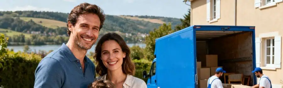 Famille devant nouvelle maison à Saint-Étienne avec déménageurs déchargeant camion, paysage de la Loire en arrière-plan