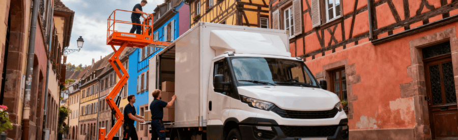 Camion déménagement et monte-meuble dans rue pavée étroite centre historique alsacien, architecture traditionnelle