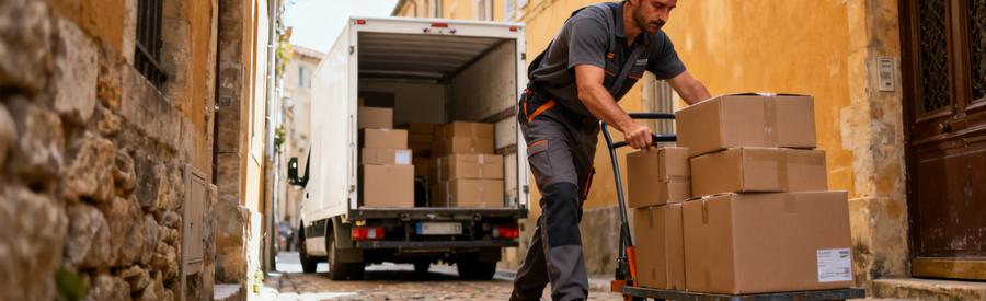 Déménageur manœuvrant dans ruelle pavée étroite, camion compact en arrière-plan, centre historique français