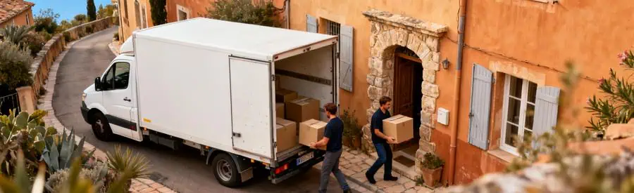 Camion déménagement dans ruelle étroite village méditerranéen, déménageurs transportant cartons maison pierre