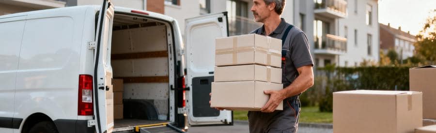 Déménageur chargeant cartons dans camion blanc, formule économique basique