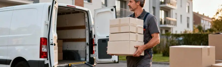 Déménageur chargeant cartons dans camion blanc, formule économique basique