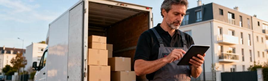 Déménageur consultant tablette devant camion, planification budget déménagement Compiègne