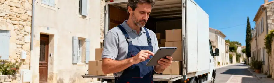Déménageur consultant tablette pour devis devant camion, village audois typique en arrière-plan
