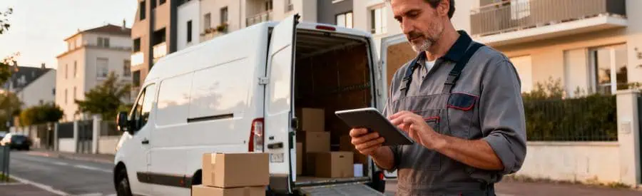 Déménageur consultant tablette pour tarification devant camion, quartier résidentiel Creil