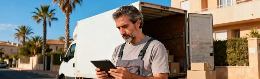 Déménageur consultant tablette devant camion, évaluation logistique rue Perpignan