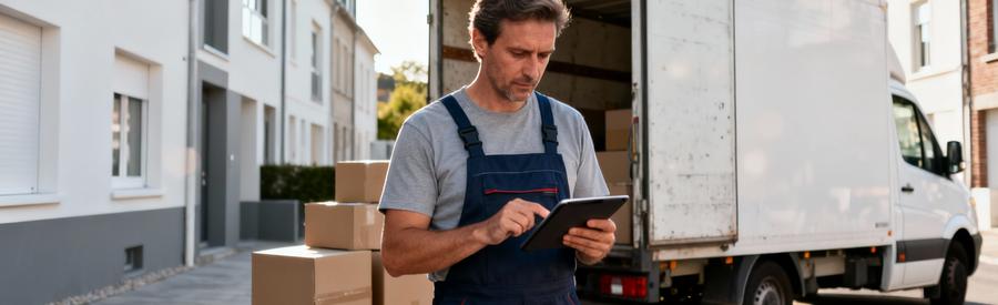 Déménageur consultant tablette devant camion, évaluation tarifs rue résidentielle Hazebrouck