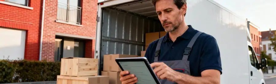 Déménageur consultant tablette devant camion, évaluation volume et itinéraire à Roubaix