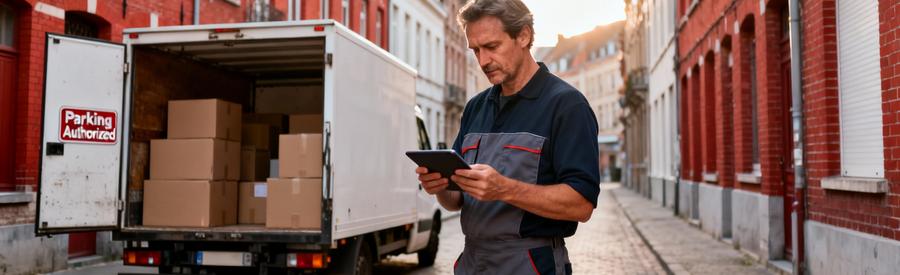 Demenageur Logistique Rue Etroite Roubaix Déménageur vérifiant itinéraire sur tablette devant camion, rue étroite quartier historique Roubaix