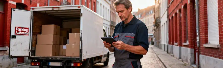 Déménageur vérifiant itinéraire sur tablette devant camion, rue étroite quartier historique Roubaix