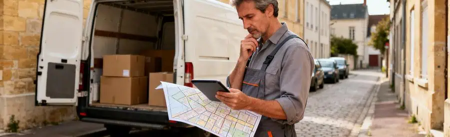 Déménageur consultant itinéraire sur tablette devant camion, rue étroite centre historique Beauvais