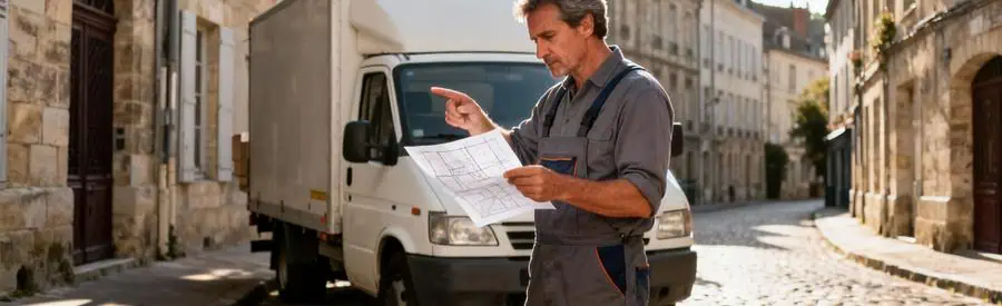 Déménageur consultant plan logistique devant camion, rue pavée centre-ville historique
