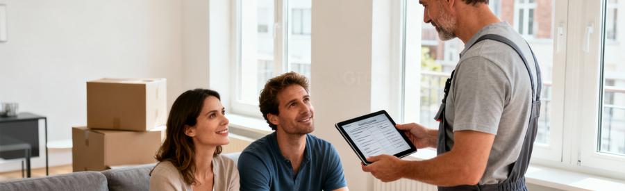 Demenageur Presentation Devis Couple Wattrelos Déménageur professionnel présentant devis détaillé à couple dans salon moderne, échange confiant et naturel