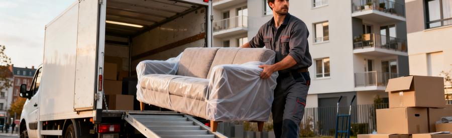 Déménageur professionnel transportant canapé protégé depuis camion, gestes maîtrisés et équipement adapté