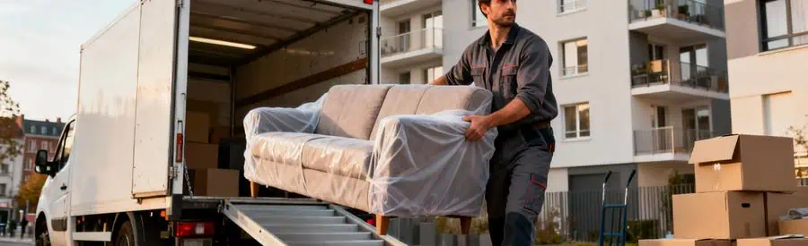 Déménageur professionnel transportant canapé protégé depuis camion, gestes maîtrisés et équipement adapté