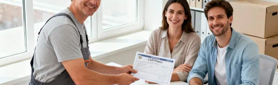 Déménageur professionnel présentant documents certification à clients en bureau moderne