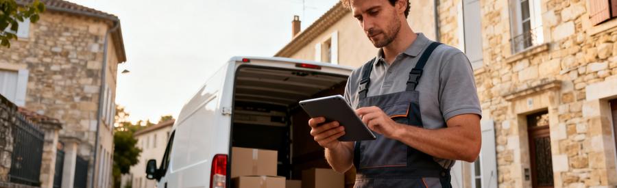 Déménageur consultant documents devant camion, architecture lotoise en pierre, évaluation professionnelle terrain