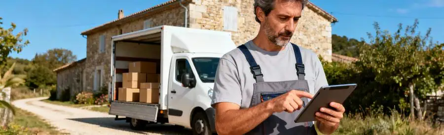 Déménageur consultant tablette devant maison gersoise, expertise terrain zone rurale