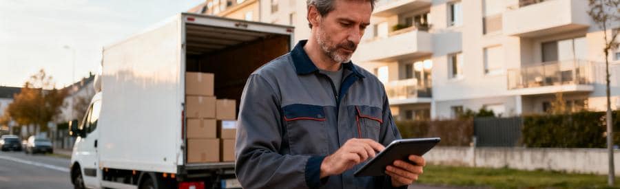 Demenageur Professionnel Verification Tourcoing Déménageur consultant tablette devant camion, vérification professionnelle avant prestation Tourcoing